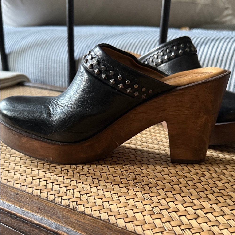 Trask Black Leather Clogs with Stud Details